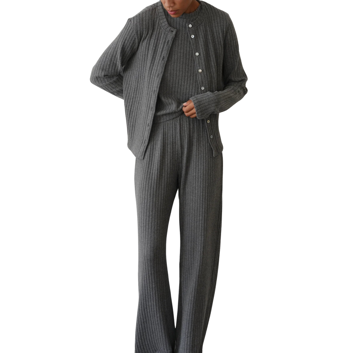 Donni Womens The Sweater Rib Cardi in Charcoal Grey-Charcoal Grey