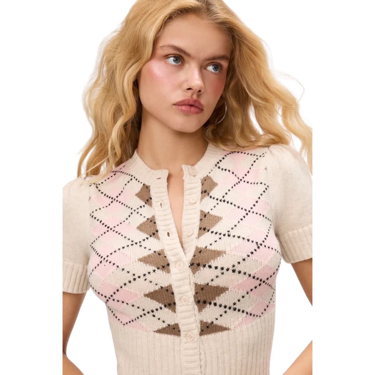 Guizio Womens The Sweet Argyle Wool Cardigan-Cream Argyle