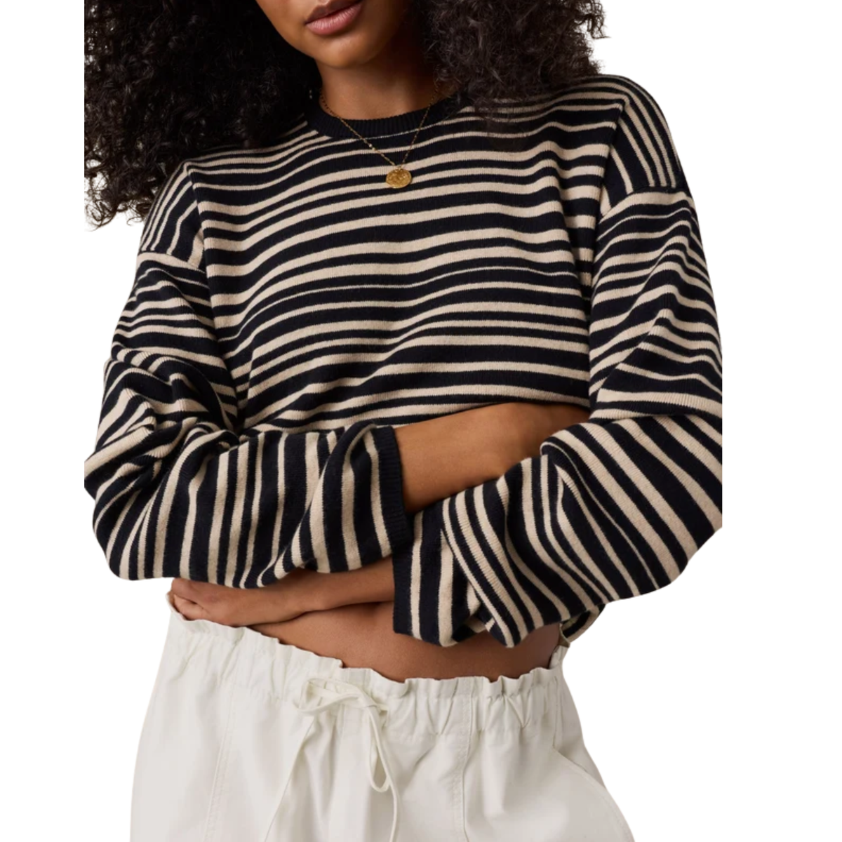 Faherty Womens Throwback Studio Crew-Coastal Coal Stripe
