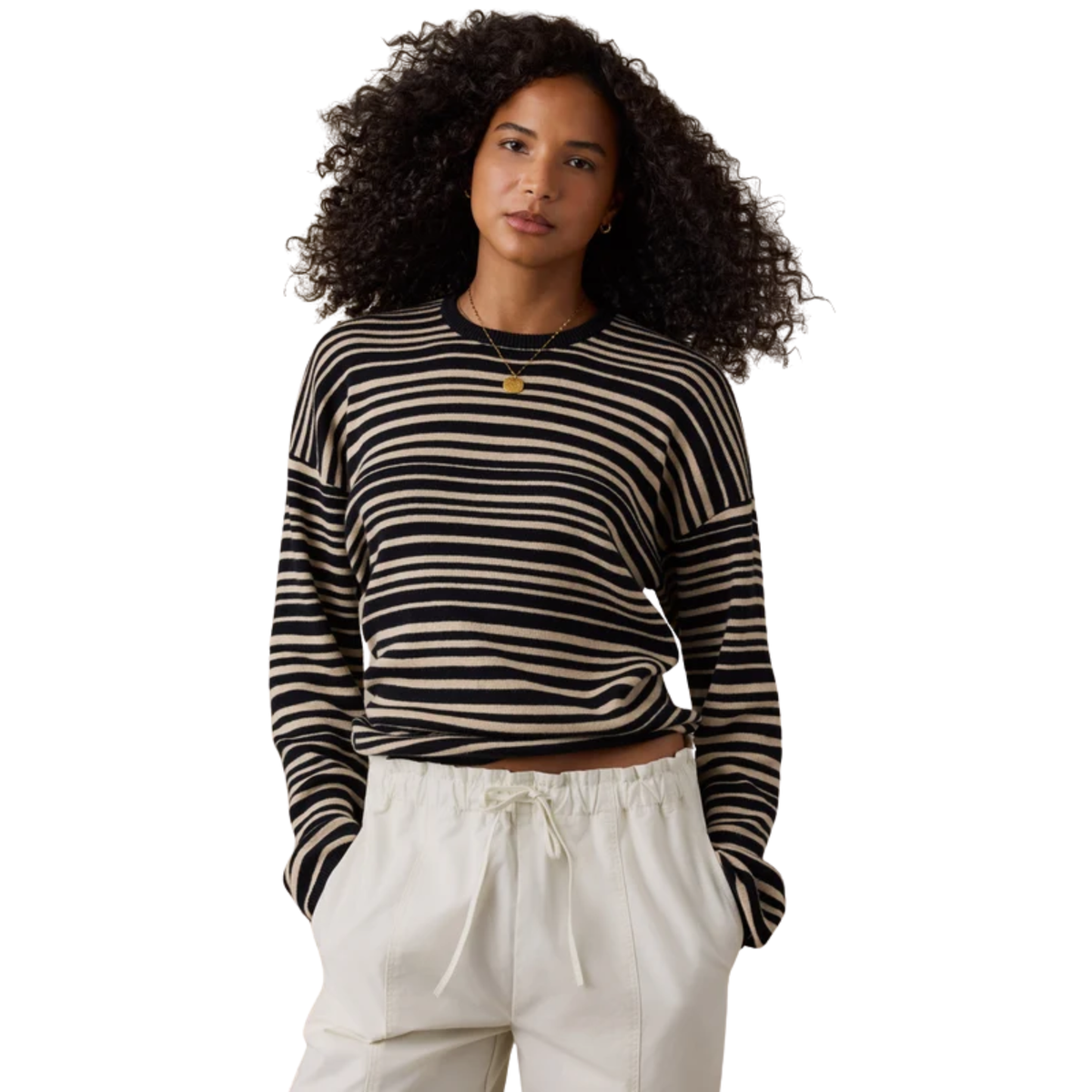 Faherty Womens Throwback Studio Crew-Coastal Coal Stripe