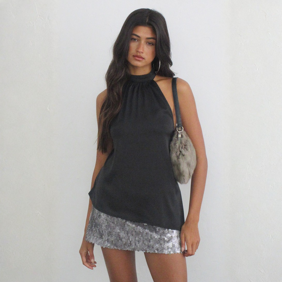 Motel Rocks Womens Zephine Asym Backless Top in Satin Black-Satin Black