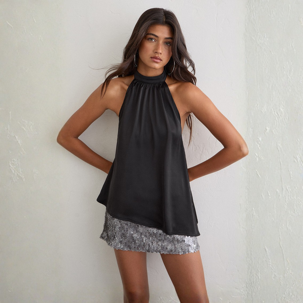 Motel Rocks Womens Zephine Asym Backless Top in Satin Black-Satin Black