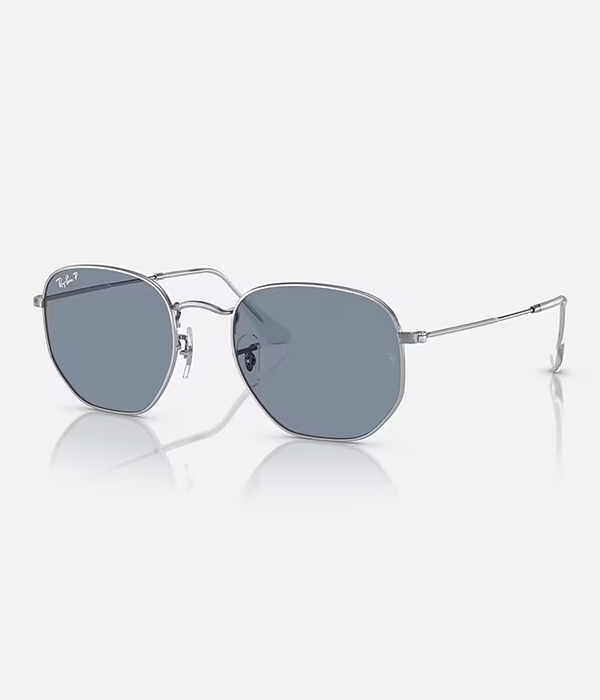 Hexagonal Sunglasses in Silver with Blue Lens