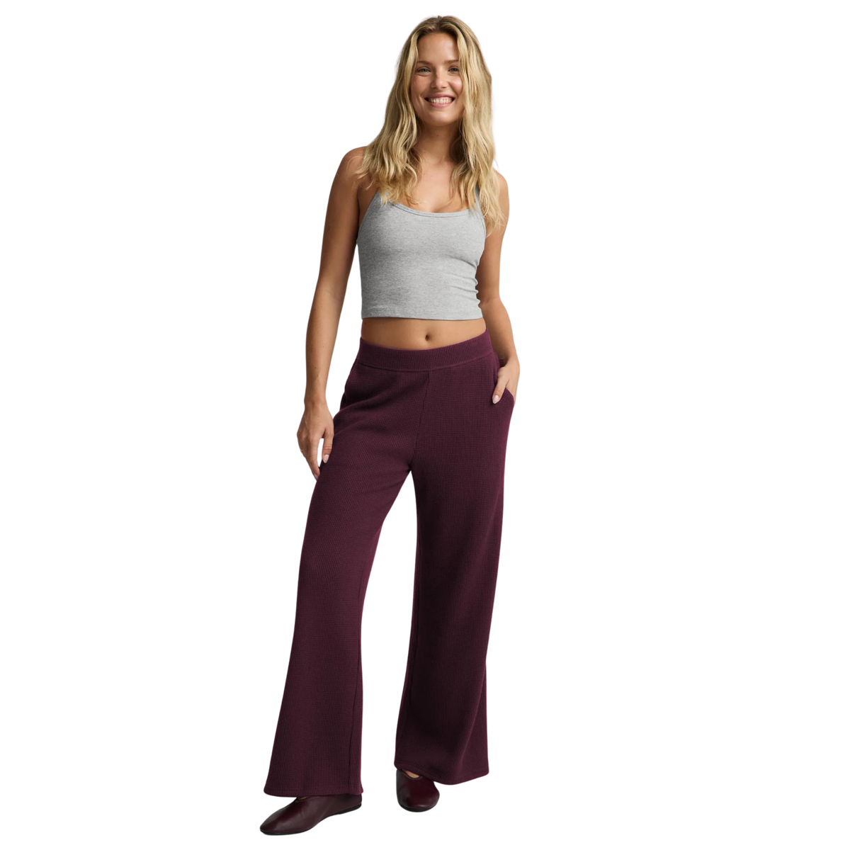 Beyond Yoga Womens Rest Day Waffle Wide Leg Pant-Cabernet By