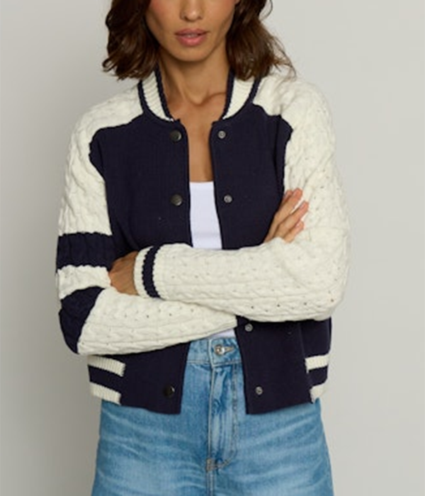 Womens Cable Sleeve Knit Bomber