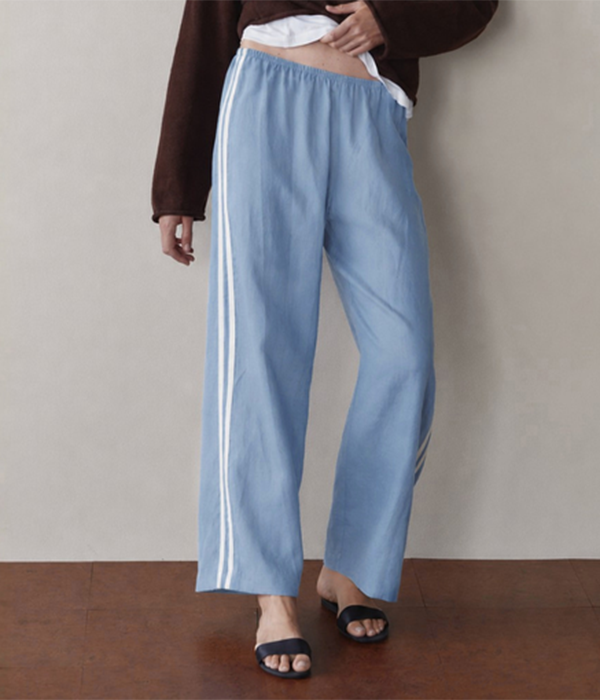Womens Linen Crop Racer Stripe Pant in Cornflower