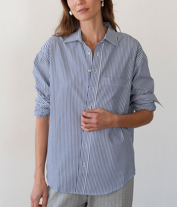 The Pop Long-Sleeve Poplin Button Down Shirt in Navy Stripe
