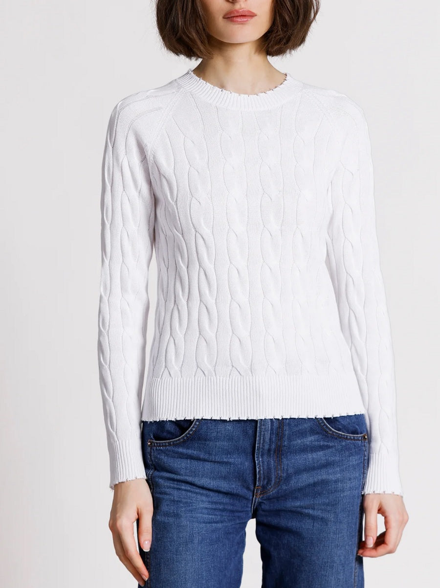 Womens Cotton Cable LS Crew w/ Frayed Edges