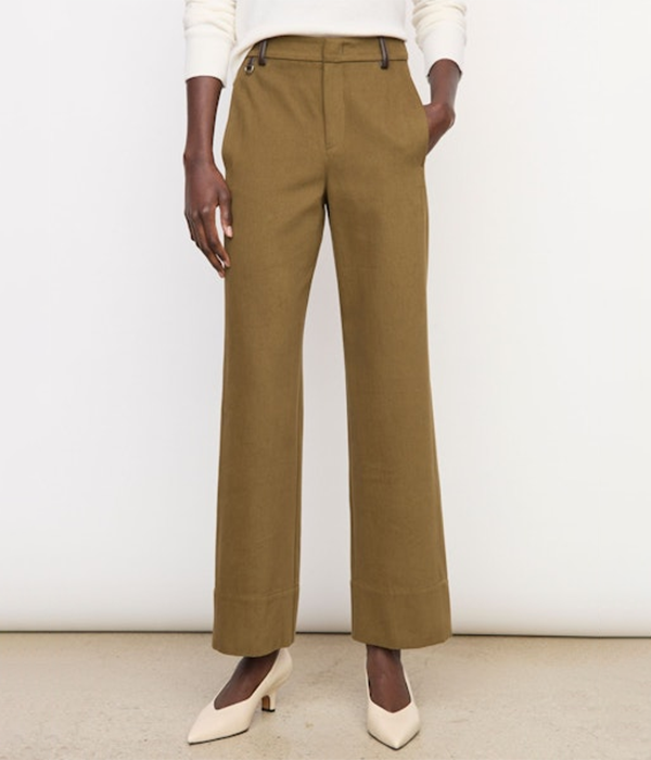 Womens Mid Rise Faux Leather Trim Straight Leg Pant