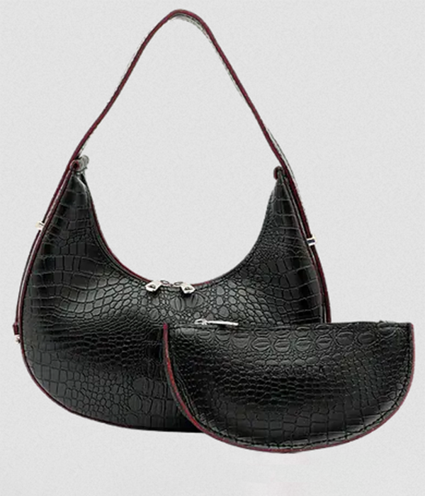 Womens Hobo Bag with Pouch Selena in Black Crocodile