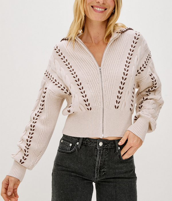 Womens Lune Top in Oatmeal Brown Whip Stitch