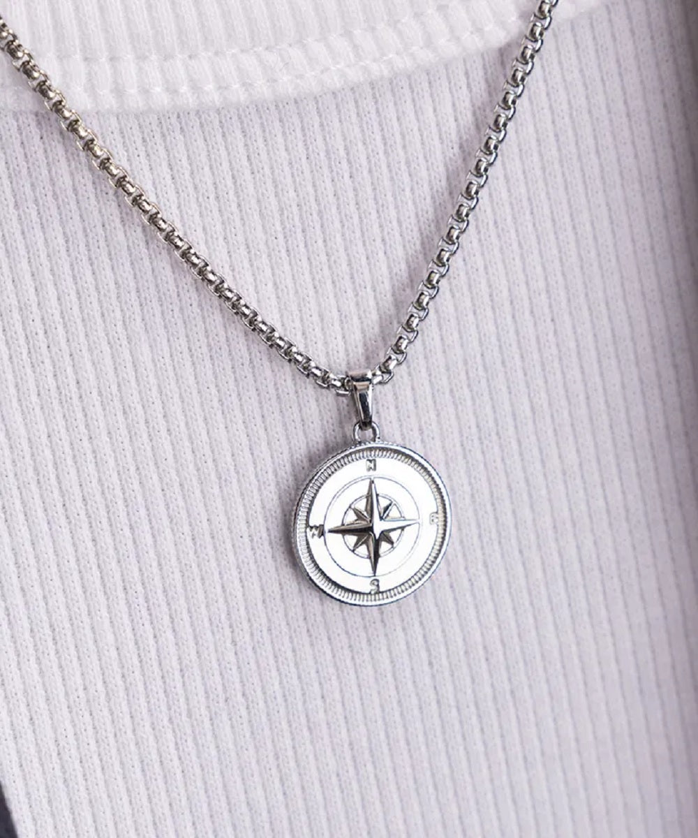 Mens Compass Rose Necklace in Silver 60cm