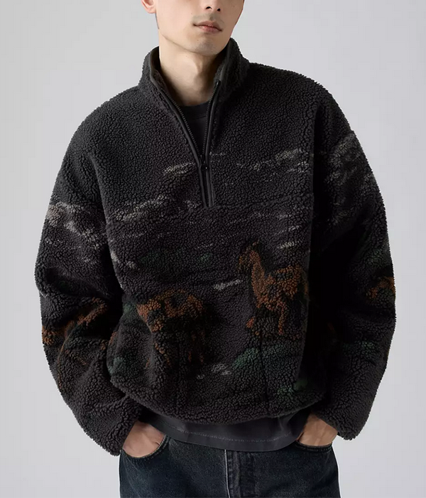 Mens Idyllwild Sherpa Popover in Running Horses Landscape Dark Phantom