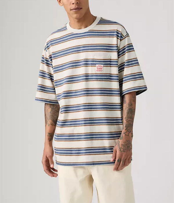 Mens SS Workwear Tee in  Caspian Stripe White Sand Heather